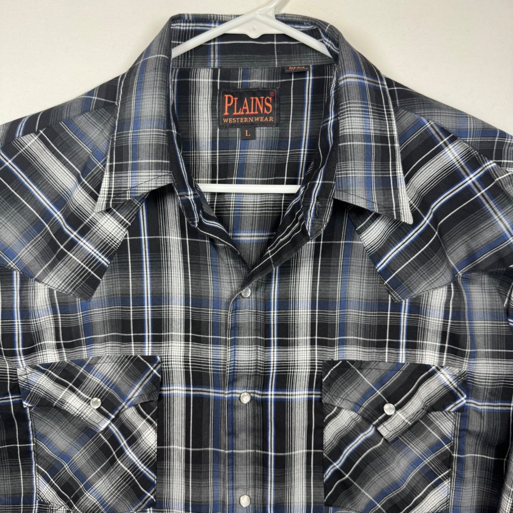 Plains Western Wear Mens‎ Plaid Shirt Long Sleeve Pearl Snap Black Blue Sz Large
